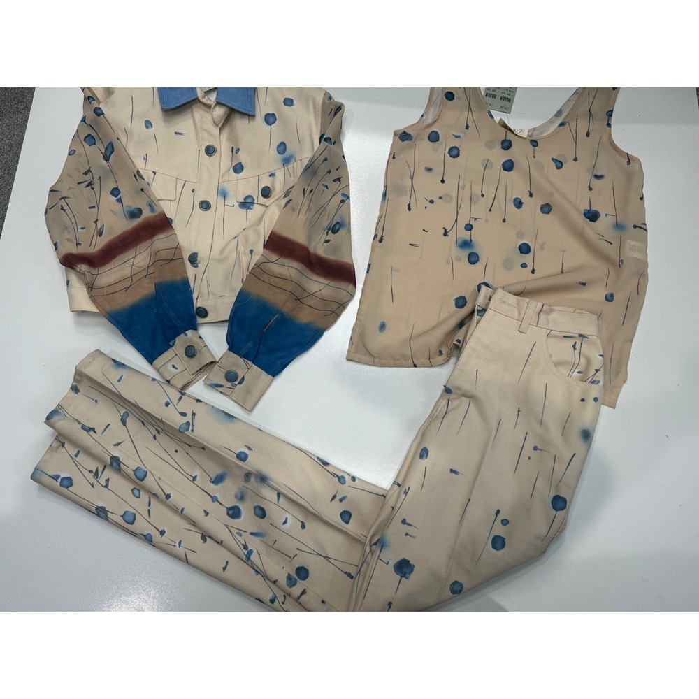 Cache 3 Piece Set Jacket Tank Pants Blue Tan Artistic Floral Print S NWT Y2K